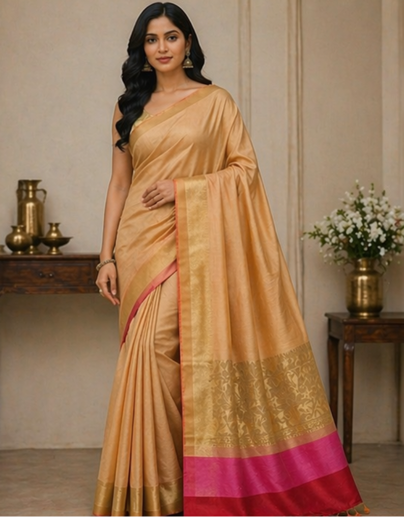 TriVibez Golden Beige Silk Blend Saree for Women