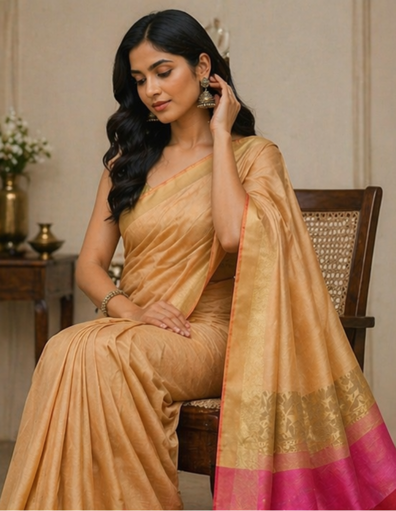 TriVibez Golden Beige Silk Blend Saree for Women