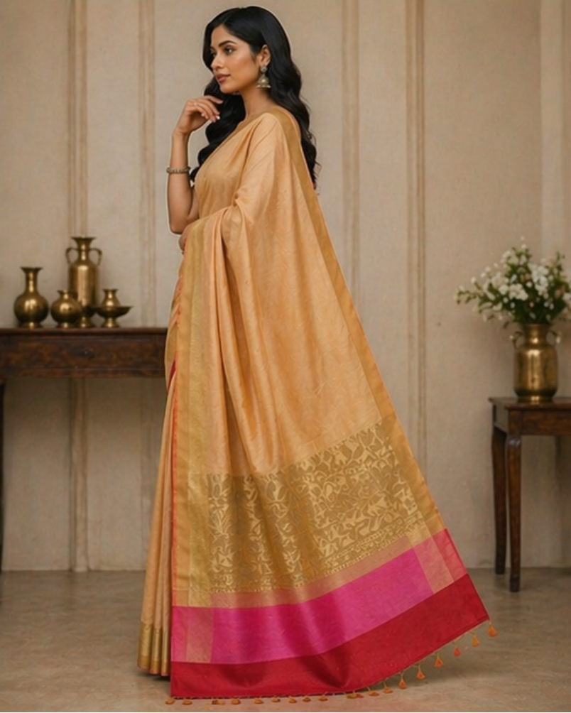 TriVibez Golden Beige Silk Blend Saree for Women