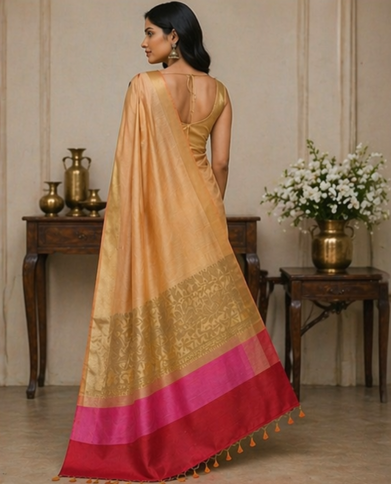 TriVibez Golden Beige Silk Blend Saree for Women
