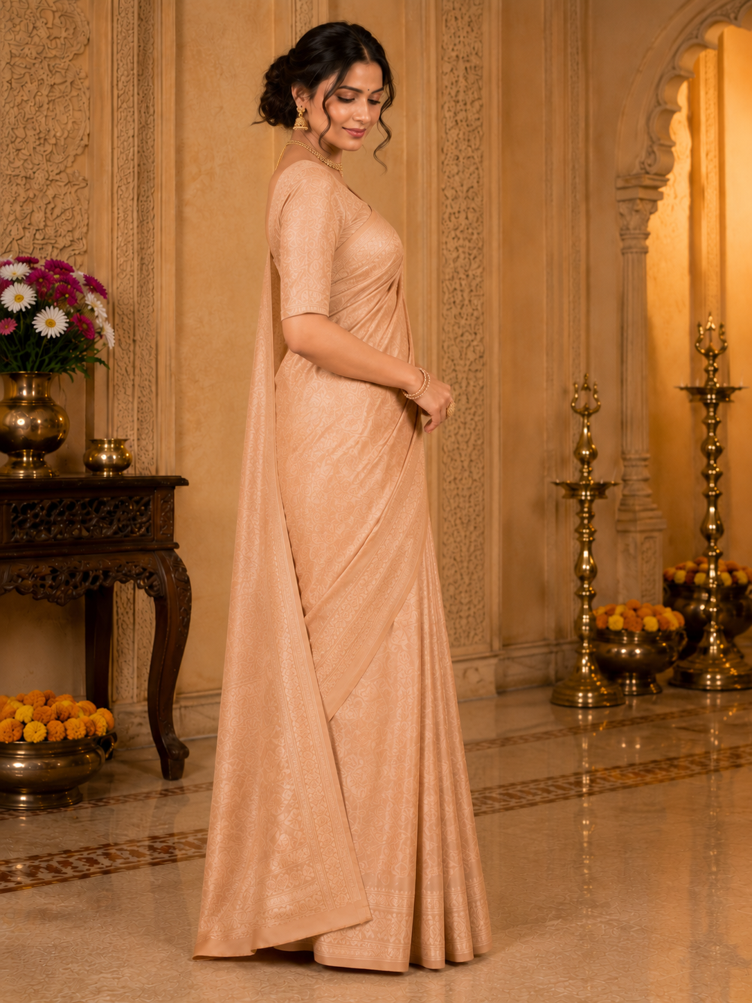 TriVibez Elegant Cream Silk Saree With Self-Design Zari Work