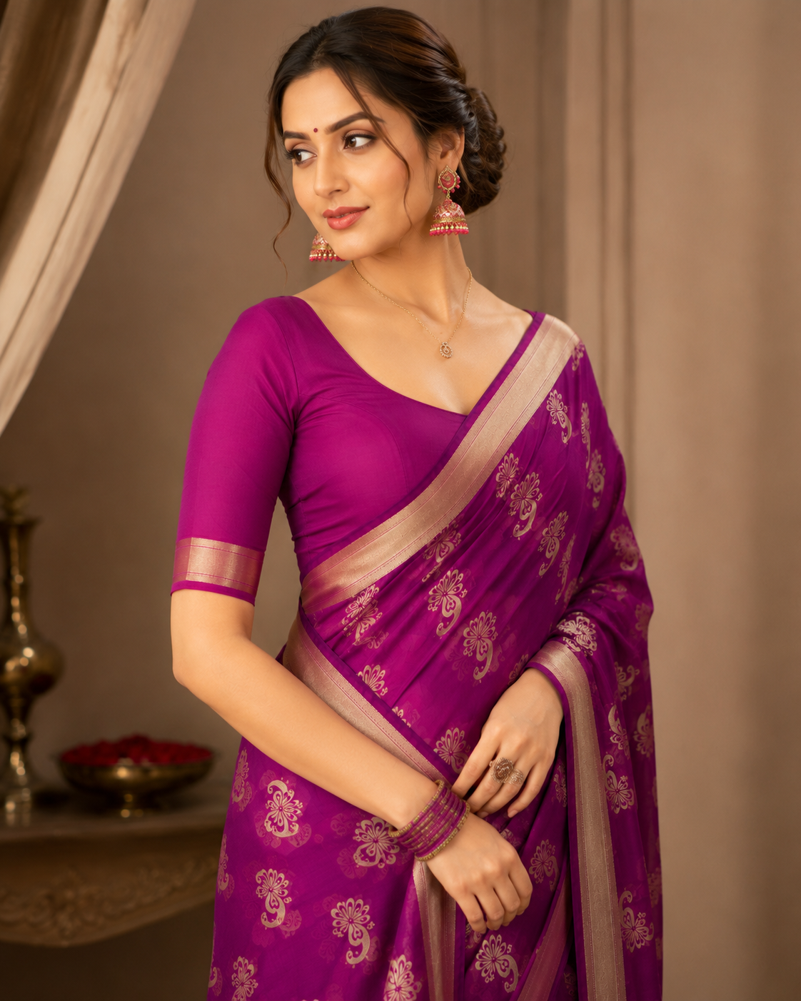 TriVibez Elegant Magenta Pink Silk Saree With Golden Zari Floral Design