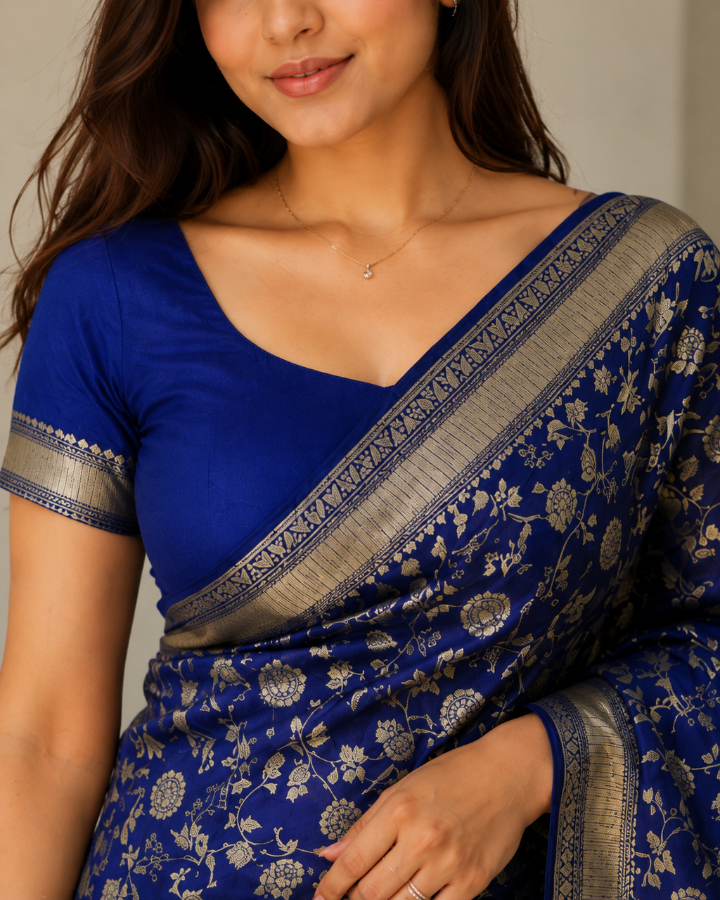 TriVibez Elegant Royal Blue Silk Saree With Golden Zari Floral Jaal Work